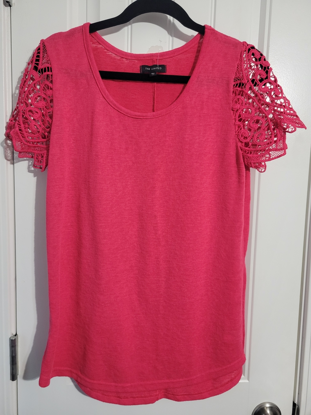 The Limited Hot Pink Crochet Sleeve Short Sleeve Tee - Picture 2 of 6